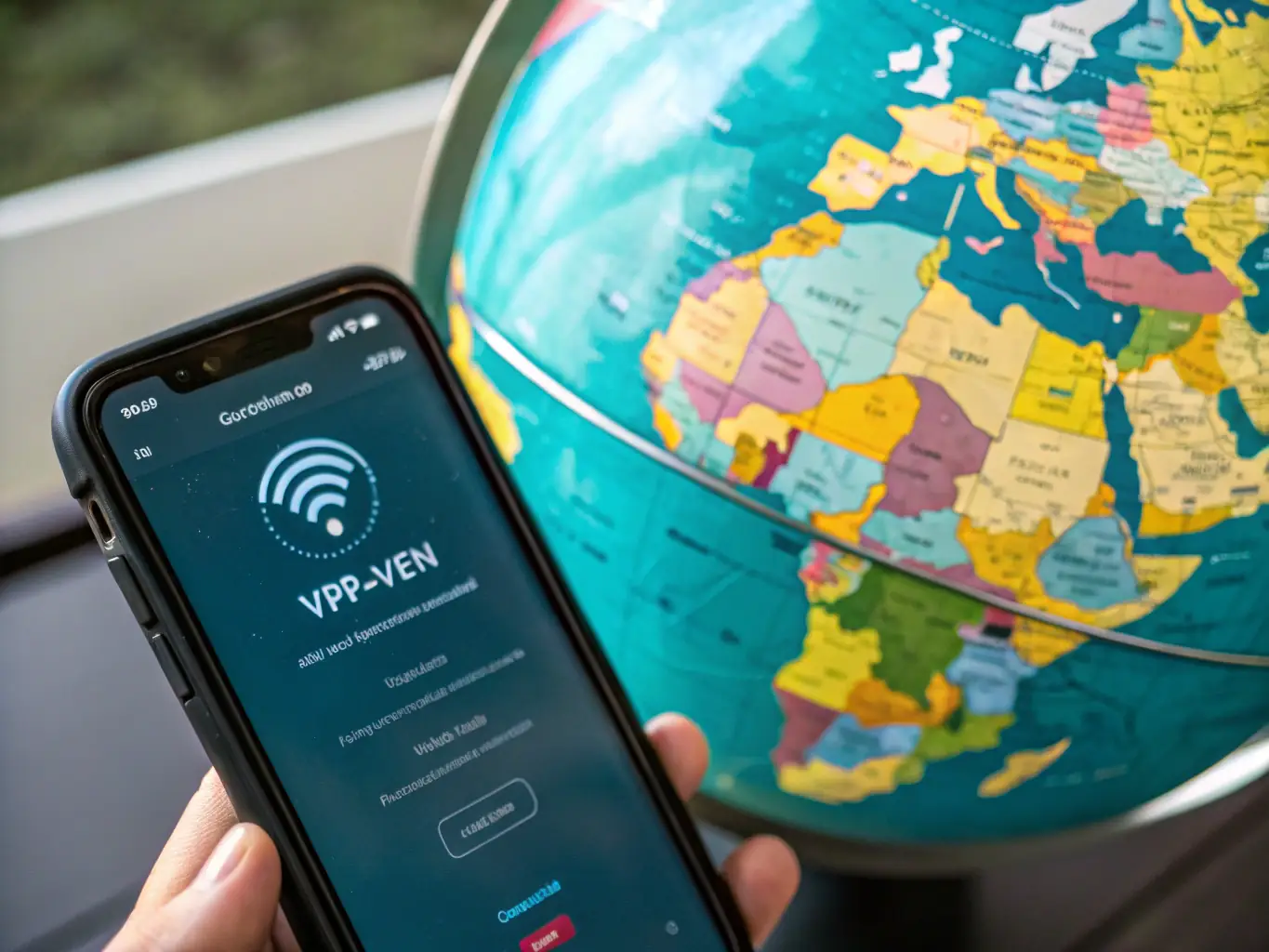 A detailed illustration showcasing LibertyNet's VPN application interface on a smartphone, emphasizing its user-friendly design and secure connection features. The background displays a network of interconnected nodes, symbolizing the decentralized nature of the VPN.
